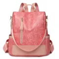 Rosa PU Leder Rucksack mit Blumenmuster fuer Damen, stilvoller anti-Diebstahl Daypack. - Rosa