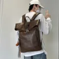 Vintage PU Leather Roll Top Backpack Brown Casual Travel Laptop Bag for Men Women - Without Pendant / Brown