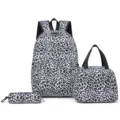 Conjunto de mochila escolar con estampado de leopardo en blanco y negro con bolsa y estuche - Negro y Blanco