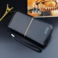 Men's Long Wallet Black PU Leather Zip Business Clutch Wrist Strap Casual Phone Purse - Black