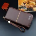 Men's long leather wallet with zipper closure and wrist strap, large capacity business clutch bag. - Light Coffee