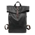 Men large capacity PU leather roll-top backpack casual business commuter laptop bag - Black