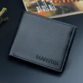 Men short black wallet synthetic leather bifold business casual coin purse card holder. - Black