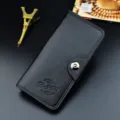 Men's black long wallet with litchi grain leather texture, snap button and multi-card slots. - Black