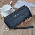 Women black long wallet double zipper crocodile pattern wrist strap phone purse casual clutch - Black