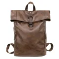 Brown PU leather roll-top backpack for men, casual commuter daypack with buckle and straps. - Coffee