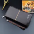 Men's long brown leather zipper wallet with wrist strap, business casual large capacity. - Dark Coffee