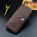 Mens long wallet vintage pebbled leather purse card holder snap closure brown business style - Dark Brown