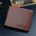 Men short brown leather wallet retro bifold business casual coin purse card holder litchi pattern design. - Light Coffee