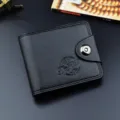 Men's black short wallet, pu leather card holder with magnetic snap and textured finish. - Black