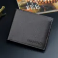Dark brown men's short bifold wallet with litchi grain leather texture and compact business style. - Dark Coffee