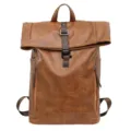 Men Brown PU Leather Roll Top Backpack Large Capacity Casual Computer Commuter School Bag - Tan