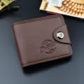 Men's brown short wallet with lychee texture pattern and magnetic snap closure design. - Dark Coffee