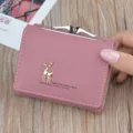 Women short wallet cute pink folding soft leather coin purse with metal clasp and deer decor. - Bean Paste Red