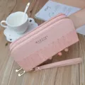 Pink women long wallet double zipper alligator pattern fashion clutch bag with wrist strap. - Pink