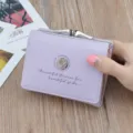 Purple short wallet for women, cute kiss-lock folding purse with metal rose flower badge style. - Purple