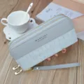 Women long double zipper wallet chic crocodile pattern clutch bag with wrist strap elegant grey - Gray