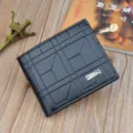 Men's short black leather wallet with stylish embossed grid pattern and metal decor for daily use. - Black