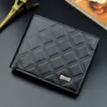Men short wallet black diamond pattern soft leather card holder stylish fashion purse - Black