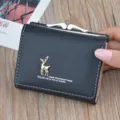 Stylish women short wallet with gold deer decor and kiss lock closure, soft leather compact purse. - Black