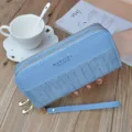 Blue double zipper long women wallet with crocodile pattern and wrist strap stylish. - Blue