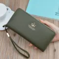 Dark green long women's wallet zipper wristlet bag minimalist litchi pattern purse phone - Long Clutch / Green