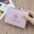 Women's Short Wallet Pink Faux Leather Folding Coin Purse Cute Kiss Lock Card Holder - Pink