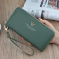 Green women's long zipper wallet with wrist strap, fashion minimalist litchi pattern clutch. - Green