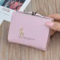 Pink short women's wallet with metal deer charm, compact folding PU leather purse. - Pink