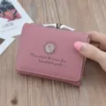 Women short wallet cute kiss-lock folding PU leather coin purse with rose floral print design. - Bean Paste Red