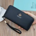Fashion women long wallet zip purse with wrist strap, minimalist black PU leather clutch bag. - Long Clutch / Black