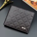 Men short brown leather wallet with diamond lattice pattern and multiple card slots stylish. - Dark Coffee
