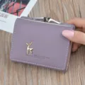 Stylish women short wallet purple folding coin purse with cute deer clasp and soft leather. - Deep purple