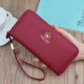 Women long zipper wallet PU leather clutch bag with wrist strap, lychee grain purse. - Long Clutch / Bright Red