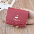 Women's short red PU leather wallet with cute cherry decor, compact folding design, stylish. - Wine Red