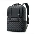 Mochila de negocios de cuero PU elegante con patrón de cuadros clásico para viajes diarios. - Negro