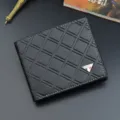 Men short black wallet fashion casual grid PU leather card holder coin purse pocket compact chic - Black