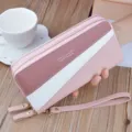 Women's long double zipper wallet colorblock clutch handbag with wrist strap pink color - Pink