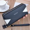 Women long double zipper wallet fashion color block leather clutch bag large capacity purse. - Black