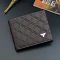 Men short wallet dark brown grid pattern leather compact card holder coin purse variant - Dark Brown