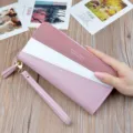 Women colorblock long wallet zip clutch wristlet purse stylish large capacity phone bag - Pink