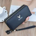 Women double zipper long wallet lychee pattern clutch bag large capacity phone purse stylish - Black