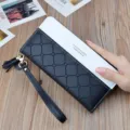 Women long wallet zipper clutch PU leather tassel color block grid phone purse casual daily use - Black