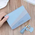 Women short wallet color block PU leather zipper coin purse with cute tassel pendant. - Blue