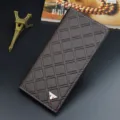 Men's long wallet brown PU leather diamond lattice pattern business card holder purse - Dark Brown