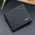 Black men's short leather wallet with geometric embossing and card slots, stylish casual design. - Black
