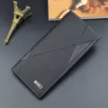 Men's black long wallet, PU soft leather, stylish geometric pattern with card slots. - Black