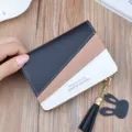 Women short colorblock wallet tassel zipper purse student card holder handbag pouch - Black