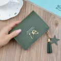 Women short wallet dark green PU leather mini purse cute butterfly tassel zipper card holder - Green