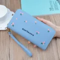 Blue long wallet zip clutch with floral embroidery and wrist strap for women elegant purse - Blue